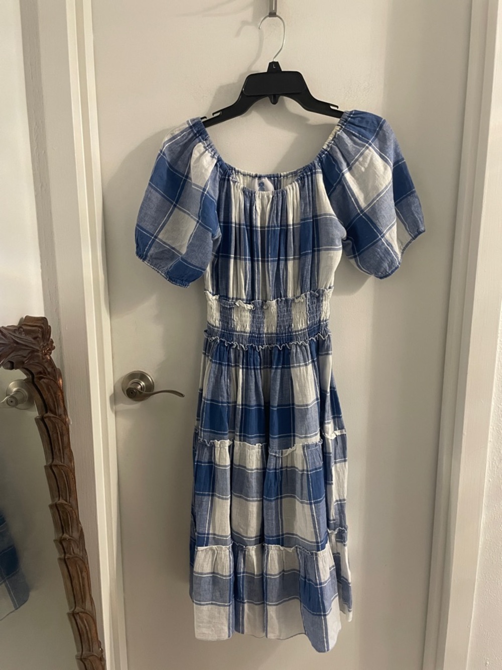 CJ Laing medium Shades of Blue Plaid Smocked off the shoulder Puffy Slv Dress